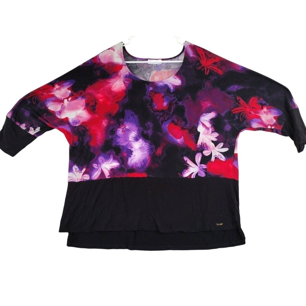 Calvin Klein Women 2X Black Floral Print Dolman‎ Sleeve Zipper Accent Top
